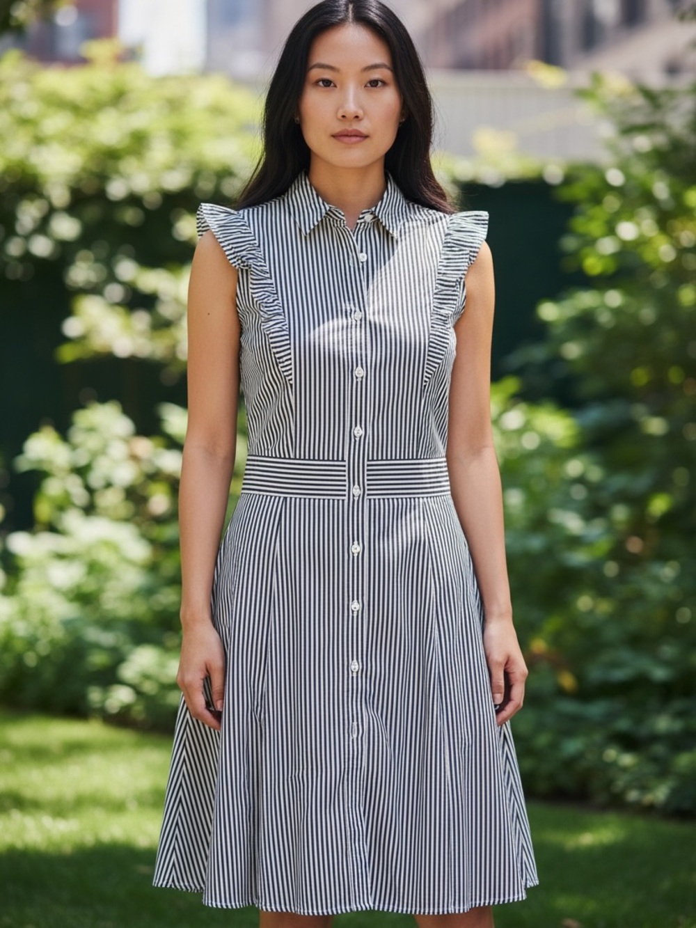 Mazik Navy/Gray and White Striped Button-Front Midi Dress